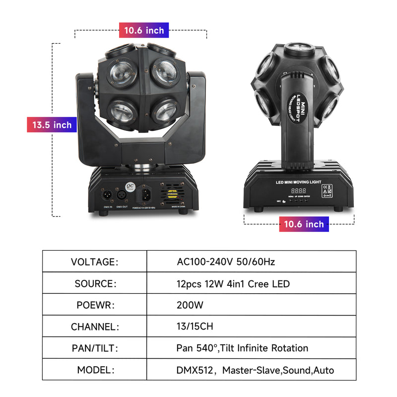 Moving Head Beam Light LED  12pcsRGBW Rotating Moving Head DJ Light DMX512 Sound Activated Stage Lighting Party