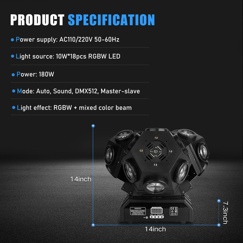 MOKA SFX 18-head three-headed moving head DJ light with DMX 512 and sound control for stage lighting, parties, disco clubs.