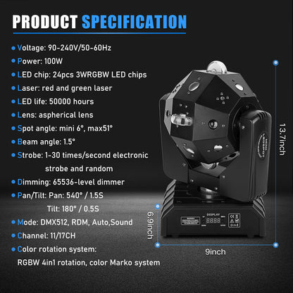 MOKA SFX 24Pcs RGBW 4IN1 LED Laser Moving Head Light Professional Stage Beam Strobe Soccer DMX DJ Disco Party Ball