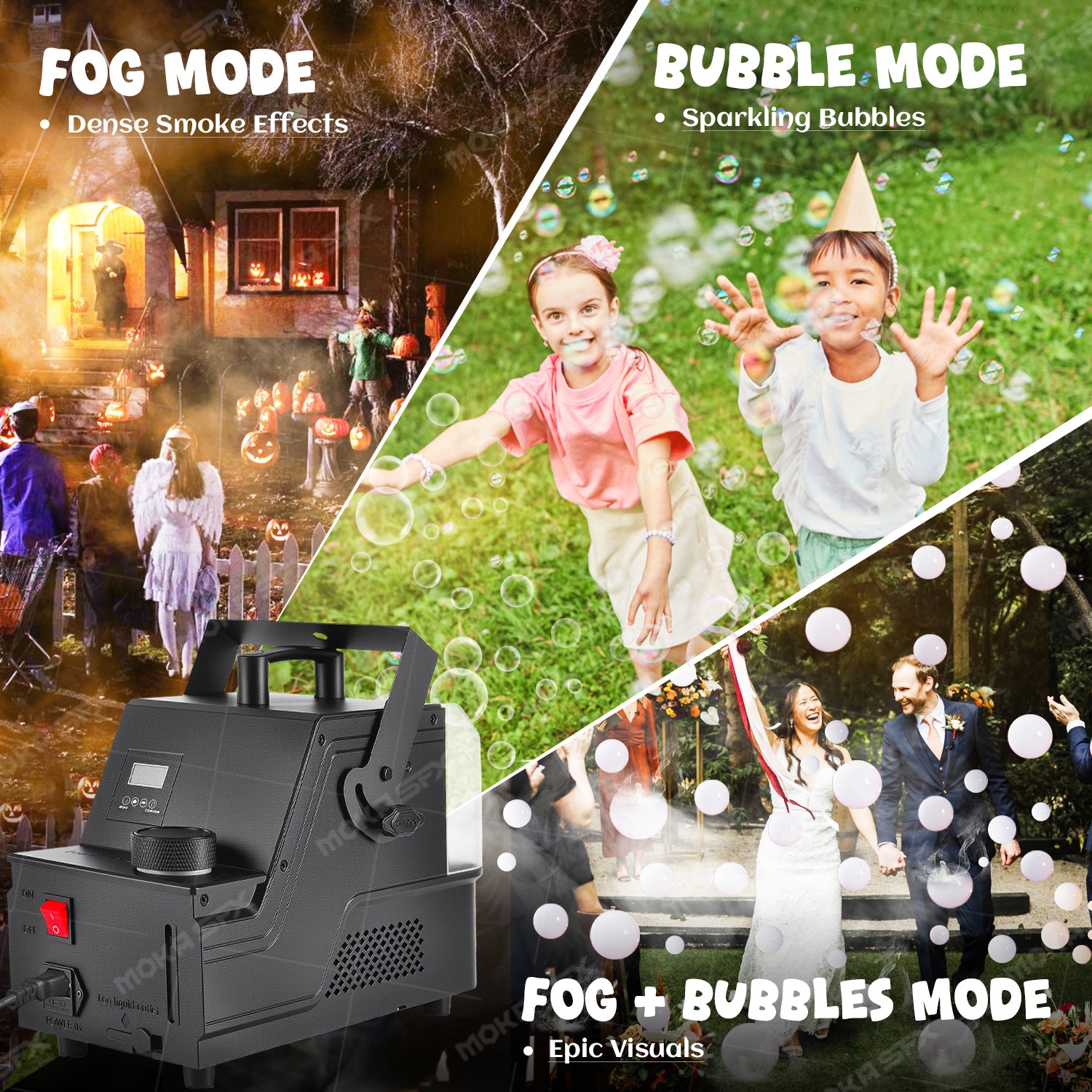 MOKA SFX 3-in-1 Bubble Fog Machine with RGB LED Lights 400W Remote