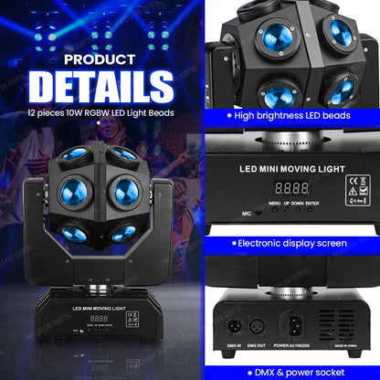 Moving Head Beam Light LED 12Pcs RGBW Rotating Moving Head DJ Light DMX512 Sound Activated Stage Lighting Party