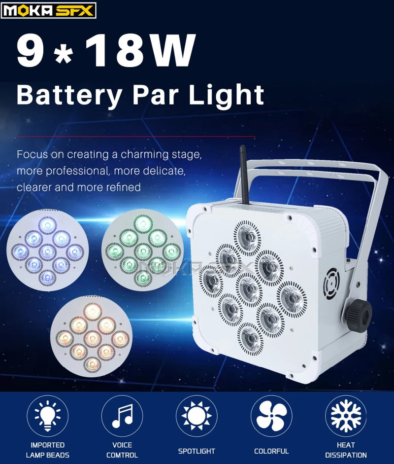 MOKA SFX P-03 Battery Wireless 9*18w Rgbwa+uv 6 in 1 White Led Par Cans