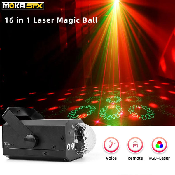 Moka Sfx Mini Luz láser Efectos de escenario Luz 16in1 Bola mágica láser Control remoto Luz de discoteca